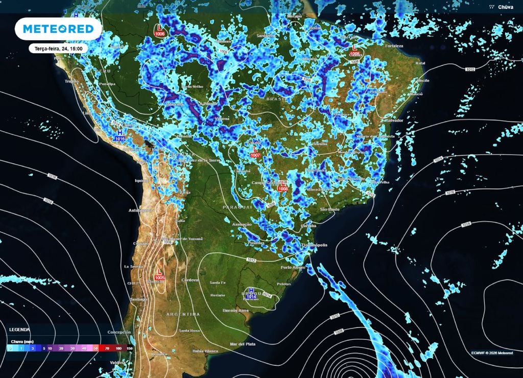 Previsão de chuva e pressão para a tarde da terça-feira, 24 de março.