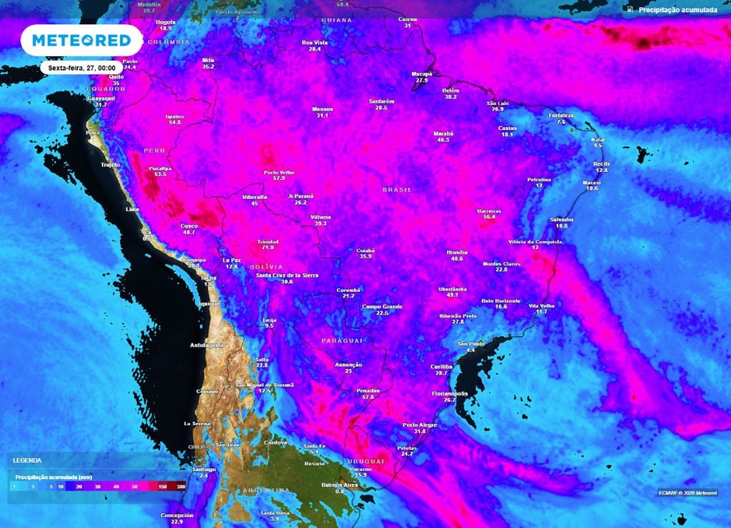 Acumulado de precipitação até a quinta-feira, 26 de março. Os volumes em média não passam dos 50 mm, mas pontualmente, há possibilidade de 100 mm.