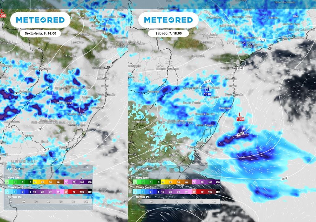 Previsão de pressão, nuvens e chuva na sexta-feira de tarde (esquerda) e no sábado de tarde (direita) mostra respectivamente a chegada da frente fria ao Sul e a formação do ciclone.