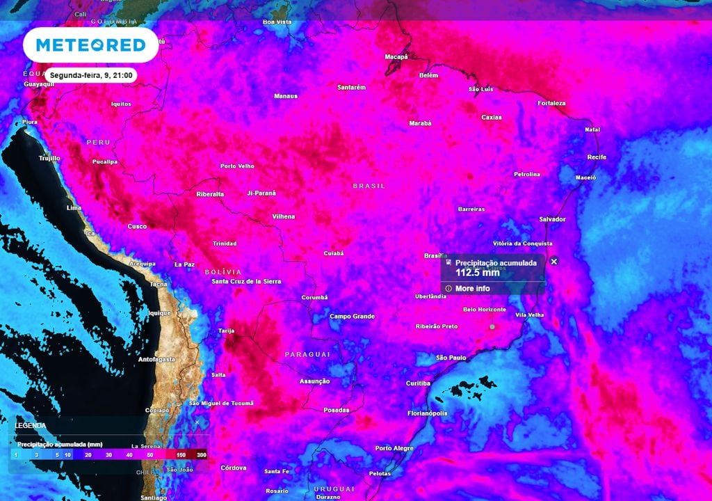 Previsão de acumulados totais de chuva até o final da segunda-feira mostram que diversos municípios - especialmente em MG, RJ e RS - registrarão volumes de chuva superiores a 100 mm.