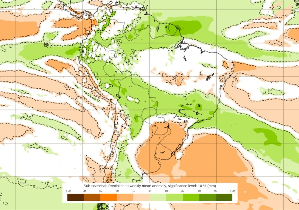Previsão de anomalias de chuva entre os dias 9 e 16 de Março (modelo ECMWF)