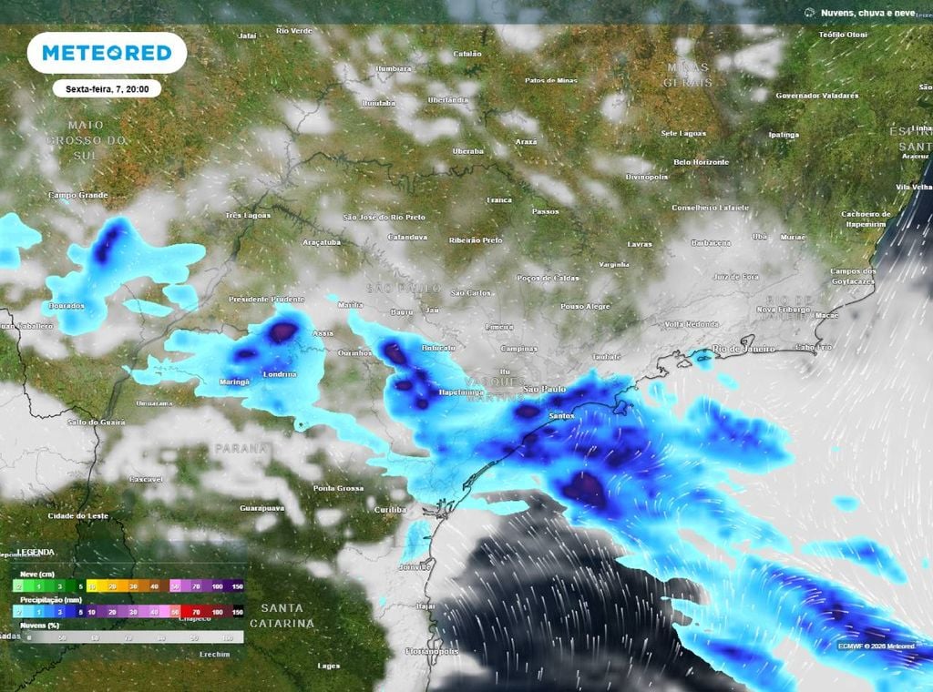 Previsão de precipitação (em mm) para a sexta-feira (7) às 20h, segundo o modelo europeu ECMWF.