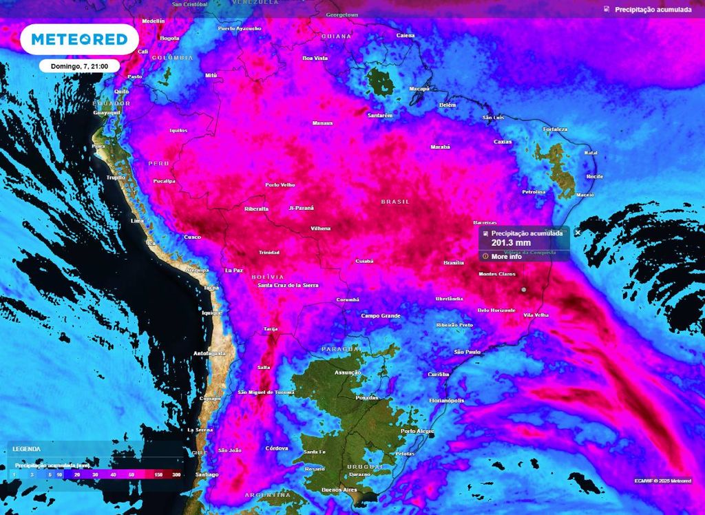 Previsão de precipitação acumulada (em milímetros) até a noite (21h) do domingo (7), segundo o modelo europeu ECMWF.