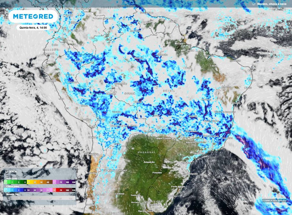 Previsão de precipitação (em milímetros) para a quinta-feira (4) à tarde (14h), segundo o modelo europeu ECMWF.