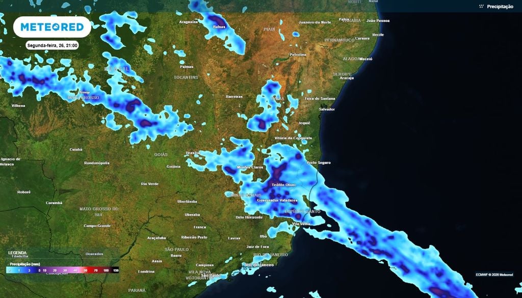frente fria a temporais Previsão de chuva para a noite da segunda-feira, 26 de outubro.