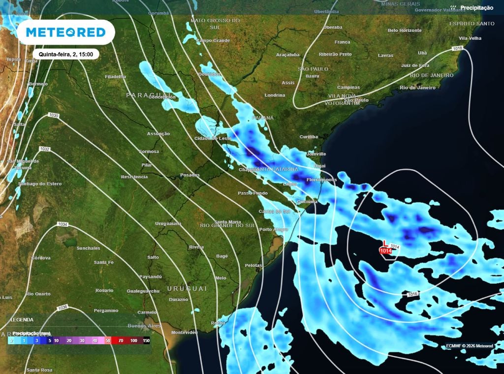 Precipitação e pressão a nível médio do mar prevista para esta quinta-feira (2).