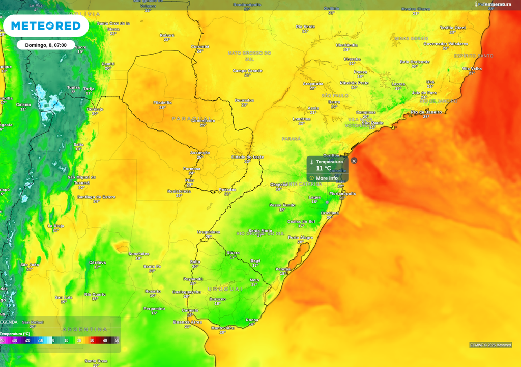 Previsão de temperatura mínima neste domingo (8), de acordo com o ECMWF.