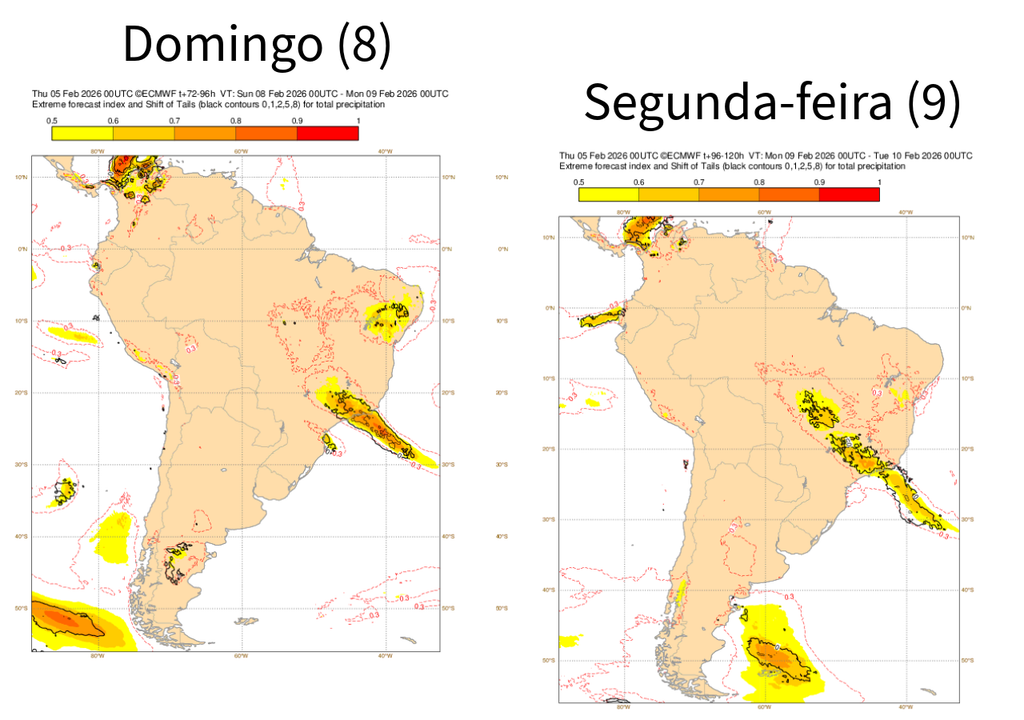 EFI do ECMWF para precipitação neste domingo (8) e segunda-feira (9). Créditos: Adaptado de ECMWF.