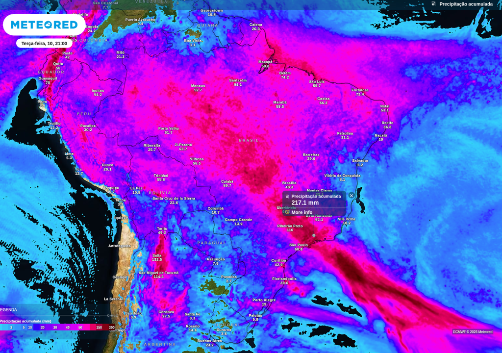 Previsão de chuva acumulada até terça-feira (10), de acordo com o ECMWF.
