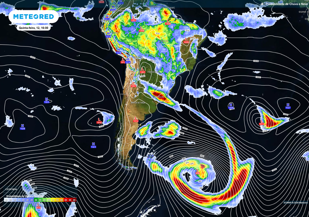 Previsão de probabilidade de chuva (escala de cores) e pressão atmosférica (linhas brancas), de acordo com o ECMWF.