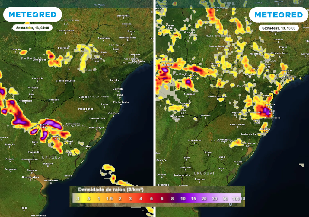 Previsão de tempestades sexta-feira (13), de acordo com o ECMWF.