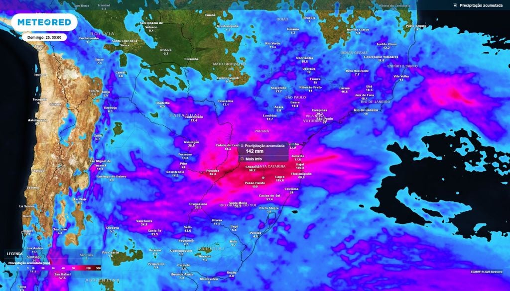 Chuva acumulada até o final da noite de sábado (24).