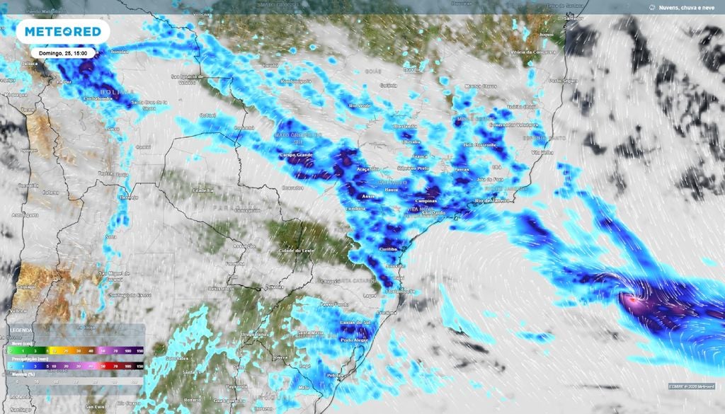 Precipitação e nebulosidade prevista para o Centro-Sul do Brasil neste domingo (25).