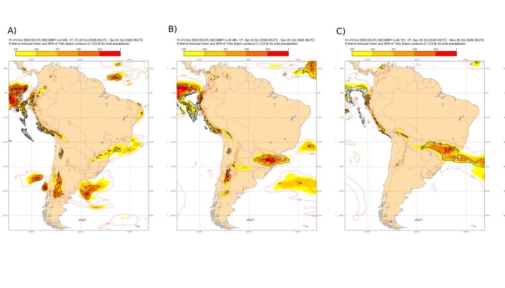 Índice de Previsão Extrema para : A) sexta-feira (23); B) sábado (24); C) domingo (25).