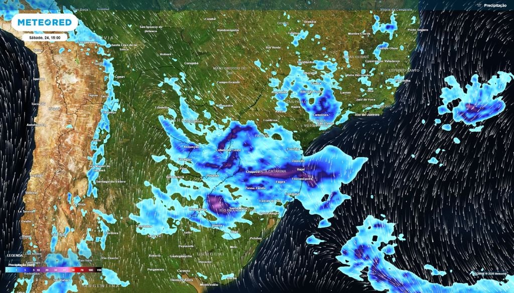 Previsão de chuva para a tarde de sábado (24), de acordo com o modelo ECMWF.