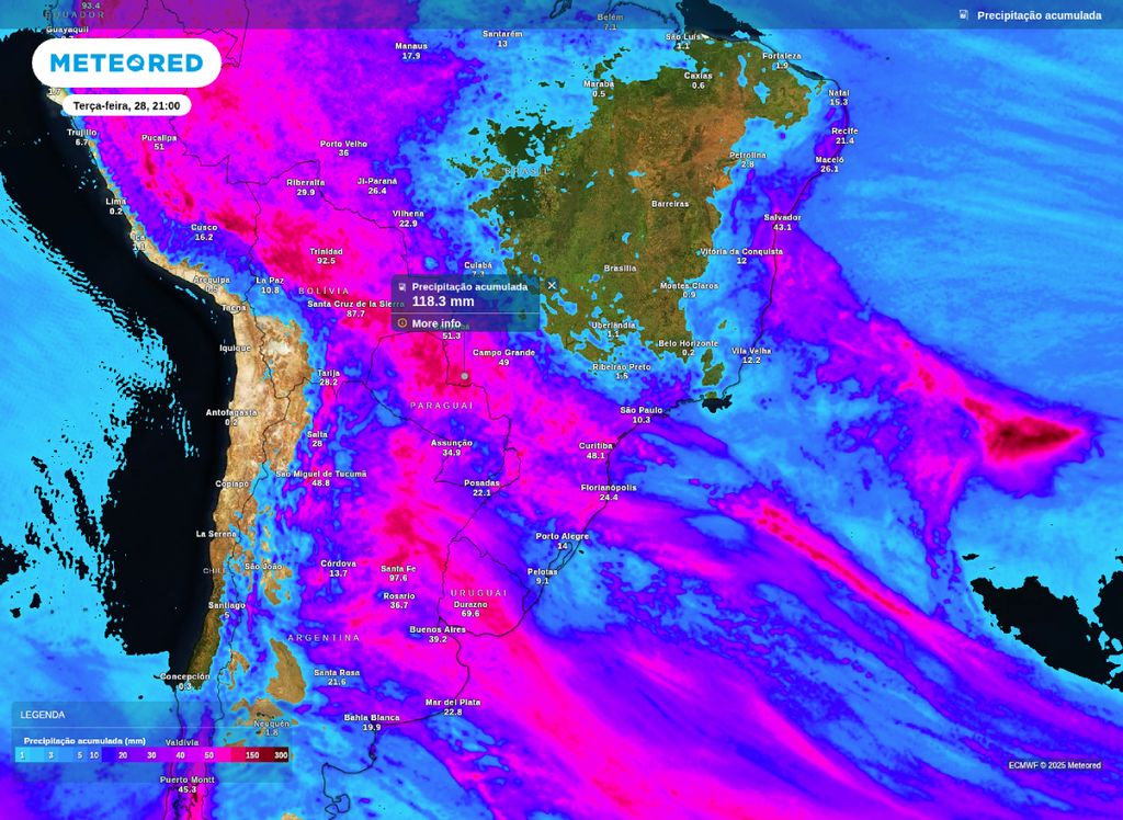 Precipitação acumulada prevista entre sexta (24) e terça-feira (28).
