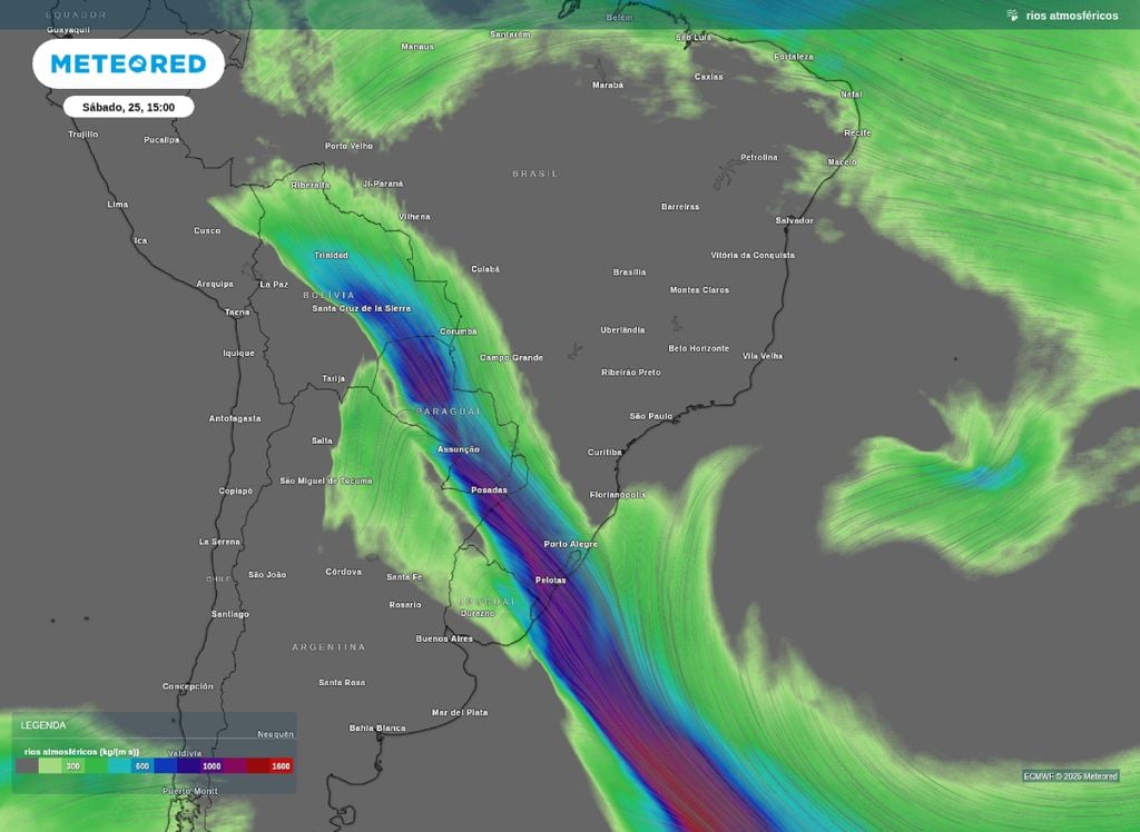 Rios atmosféricos indicando o transporte de umidade para o Sul do Brasil neste sábado (25).