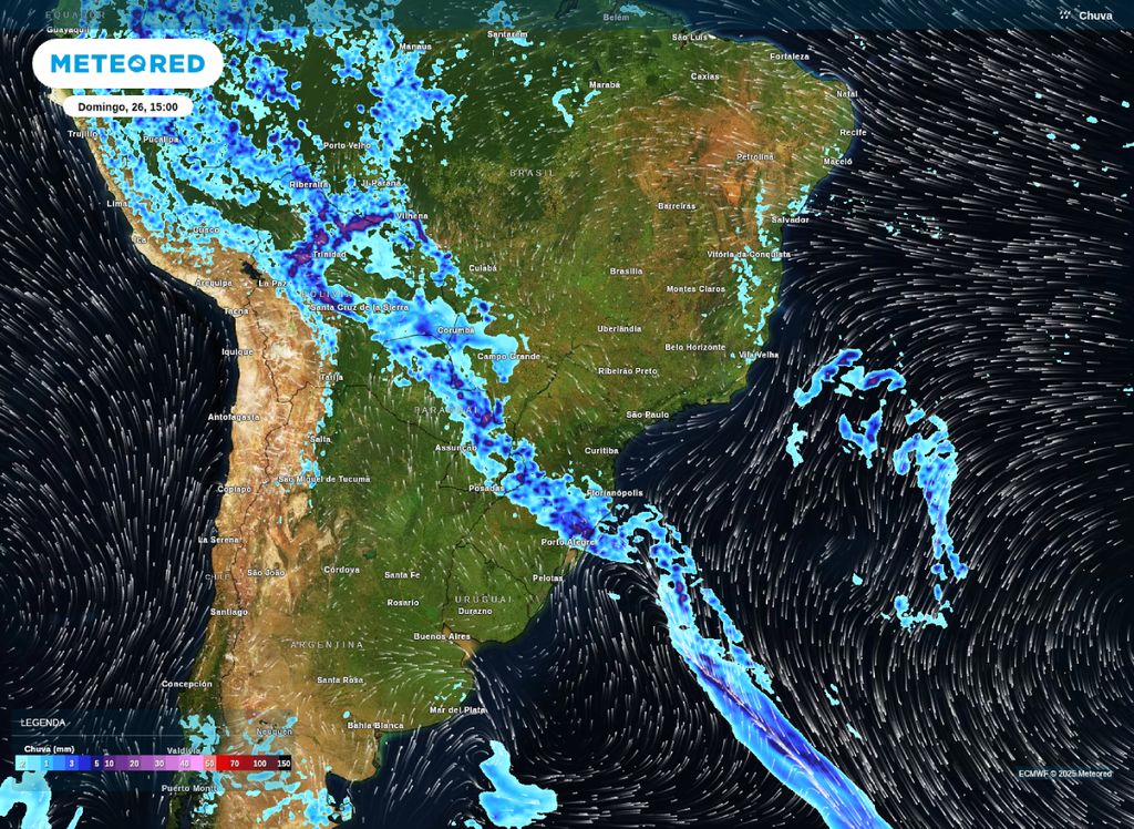 Previsão de precipitação para a tarde deste domingo (26).
