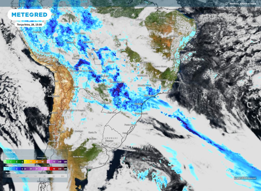 Previsão de precipitação e nebulosidade para a tarde desta terça-feira (28).
