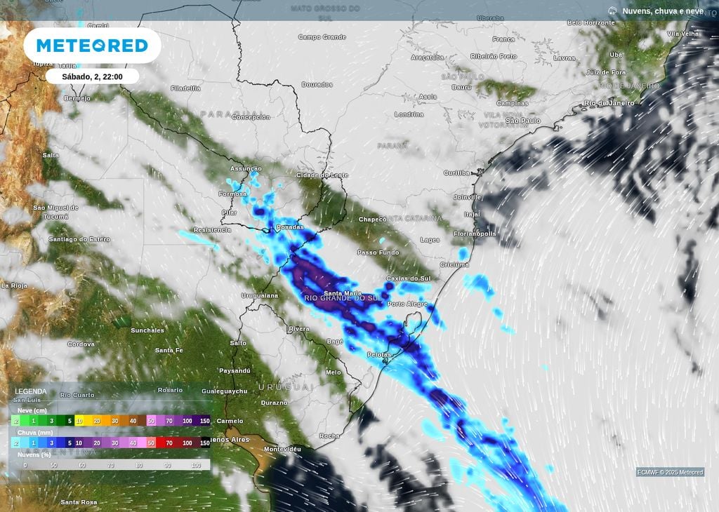 Precipitação prevista para a noite de sábado (2), segundo o modelo ECMWF. Precipitação prevista para a noite de sábado (2), segundo o modelo ECMWF.