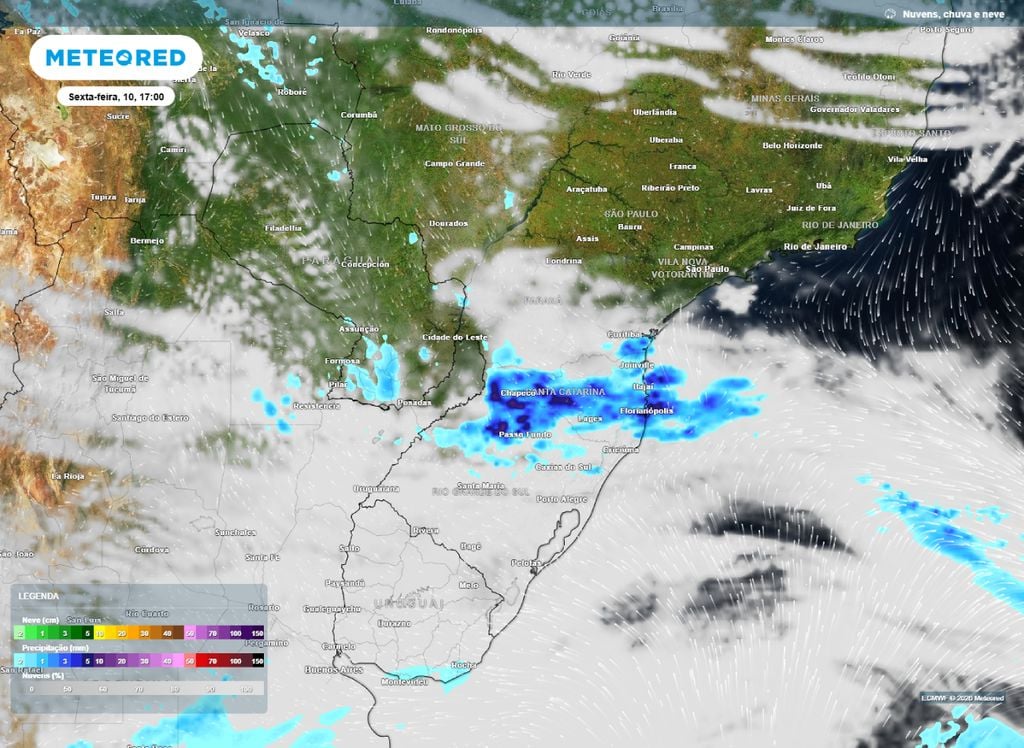 Precipitação sexta-feira. Mapa de precipitação e nebulosidade para o final da tarde de hoje (10).