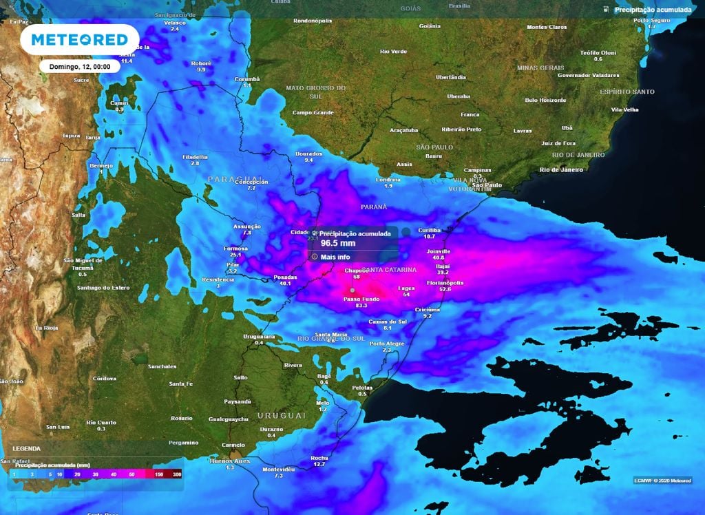 Precipitação acumulada. Mapa de chuva acumulada entre hoje (10) e o final da noite de sábado (11). A previsão mostra volumes bem próximos a 100 mm em áreas do RS e de SC.