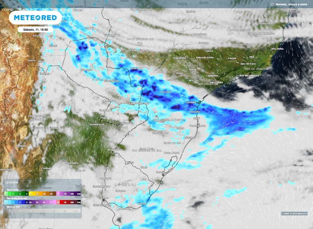 Precipitaão sábado. Mapa de chuva para a tarde deste sábado (11).