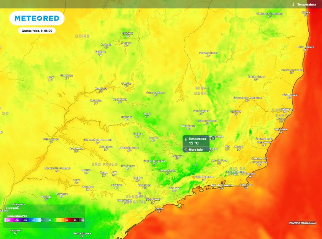 Previsão da temperatura mínima do ar (em °C) para a manhã (6h) de quinta-feira (9), segundo o modelo europeu ECMWF.