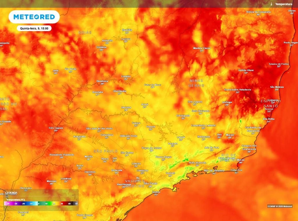 Previsão da temperatura máxima do ar (em °C) para a tarde (15h) de quinta-feira (9), segundo o modelo europeu ECMWF.