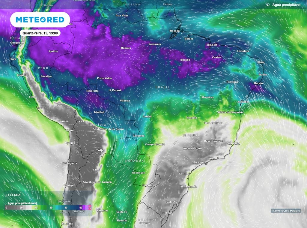 Água precipitável. Mapa mostra o aumento de água precipitável no NE do Brasil, por conta do posicionamento da frente fria no Atlântico.