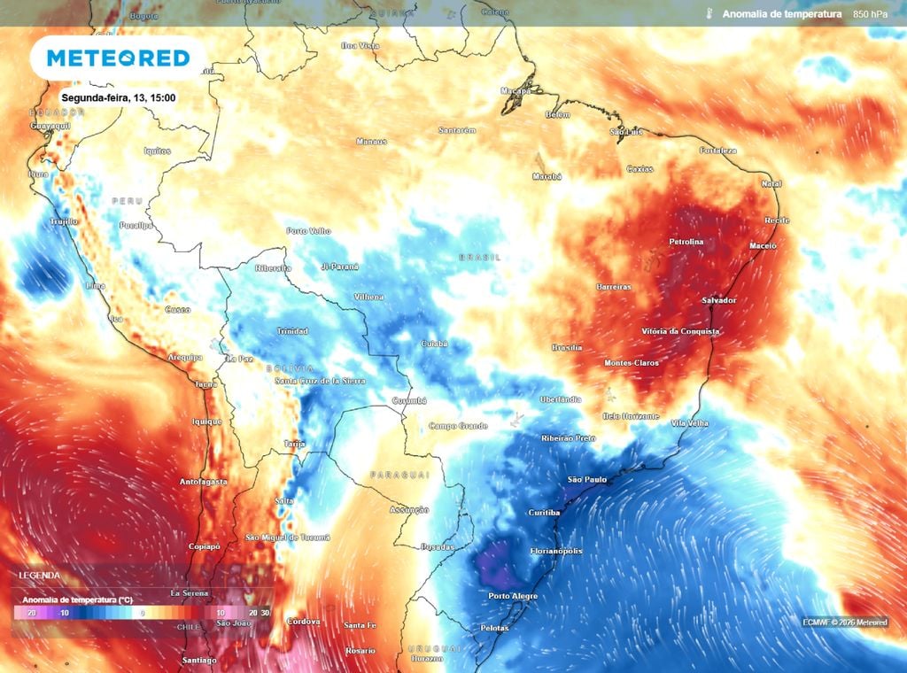 Anomalia de temperatura em 850 hPa. Mapa mostra a presença de ar frio sobre áreas de 4 regiões do país.