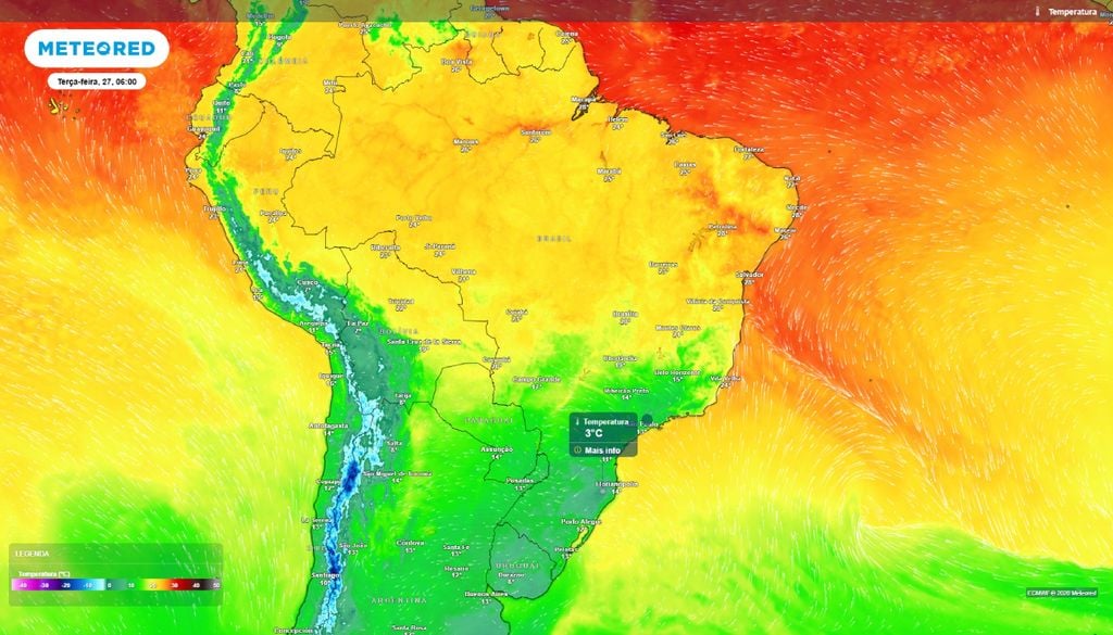 Temperatura mínima Mínima prevista para o amanhecer de terça-feira (27).