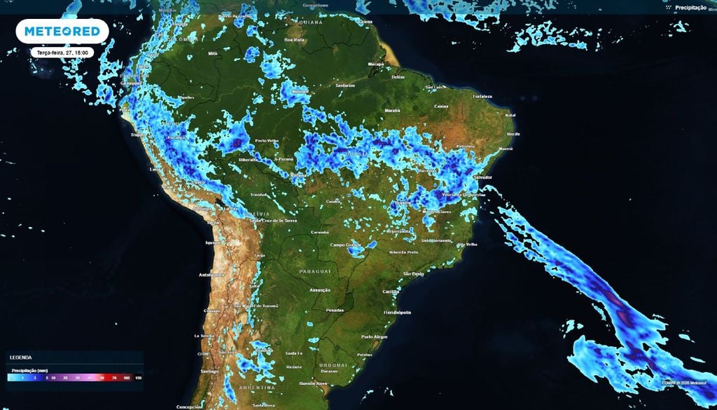 Precipitação Mapa de precipitação para a tarde desta terça-feira (27).
