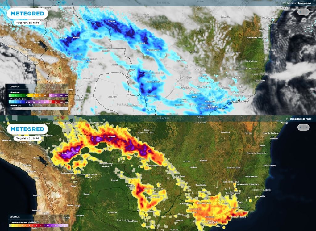 Precipitação e densidade de raios. Chuva prevista para a tarde de terça-feira (22, figura de cima) e densidade de raios mostrando áreas com grandes potenciais para tempestade na tarde de terça (22, figura de baixo).
