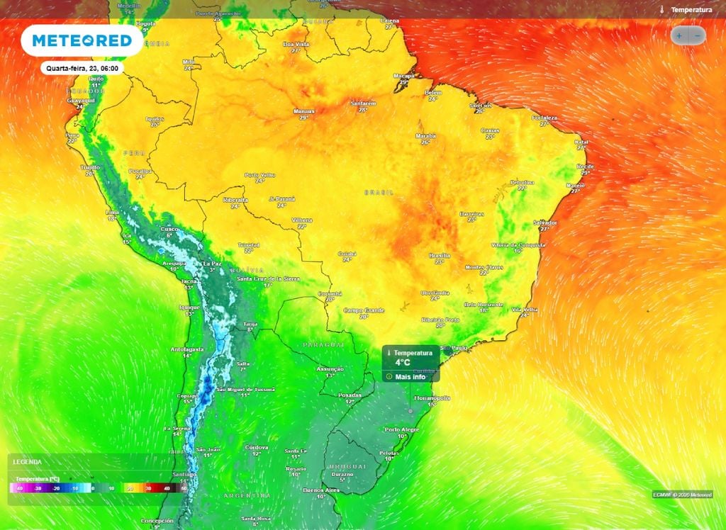 Temperatura prevista. Temperatura mínima prevista para a manhã de quarta-feira (23). Primeiro dia da primavera contará com temperaturas mínimas de inverno.