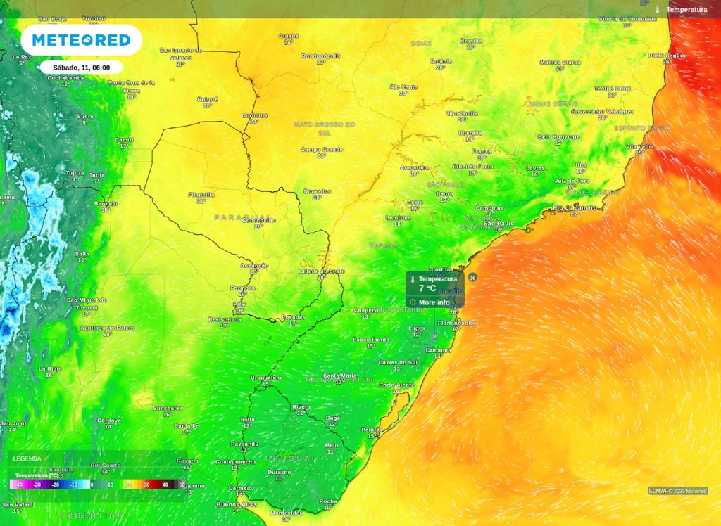 Temperatura mínima prevista para a manhã deste sábado (11), segundo o modelo ECMWF.