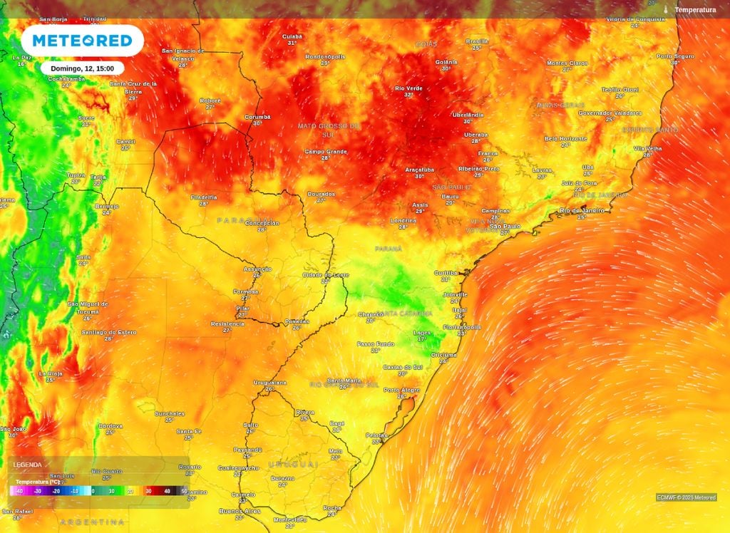Temperatura máxima prevista para a tarde deste domingo (12), segundo o modelo ECMWF.