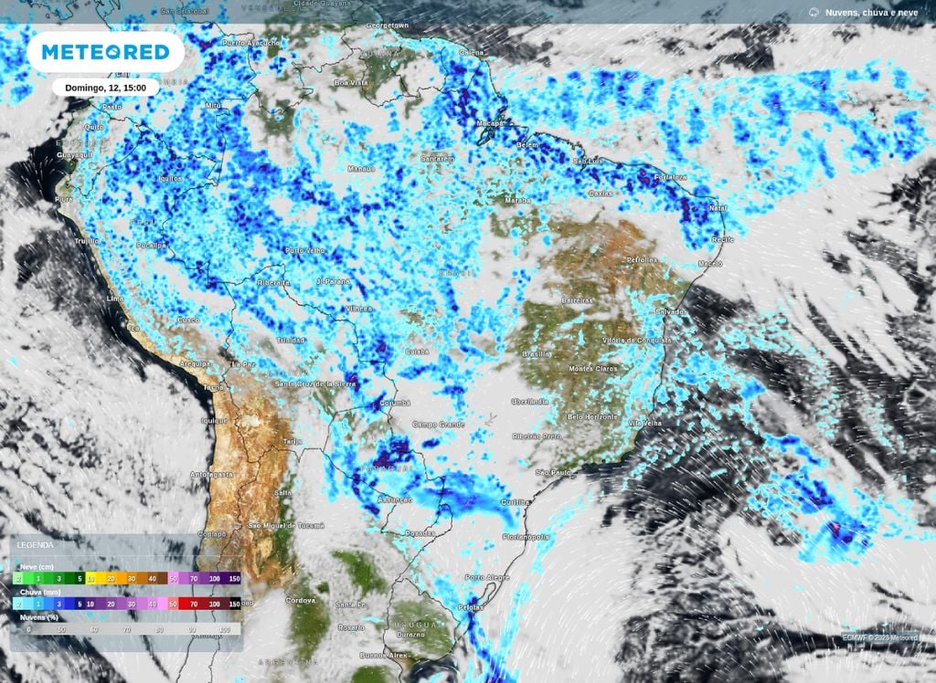 Precipitação e nebulosidade prevista para a tarde de domingo (12).