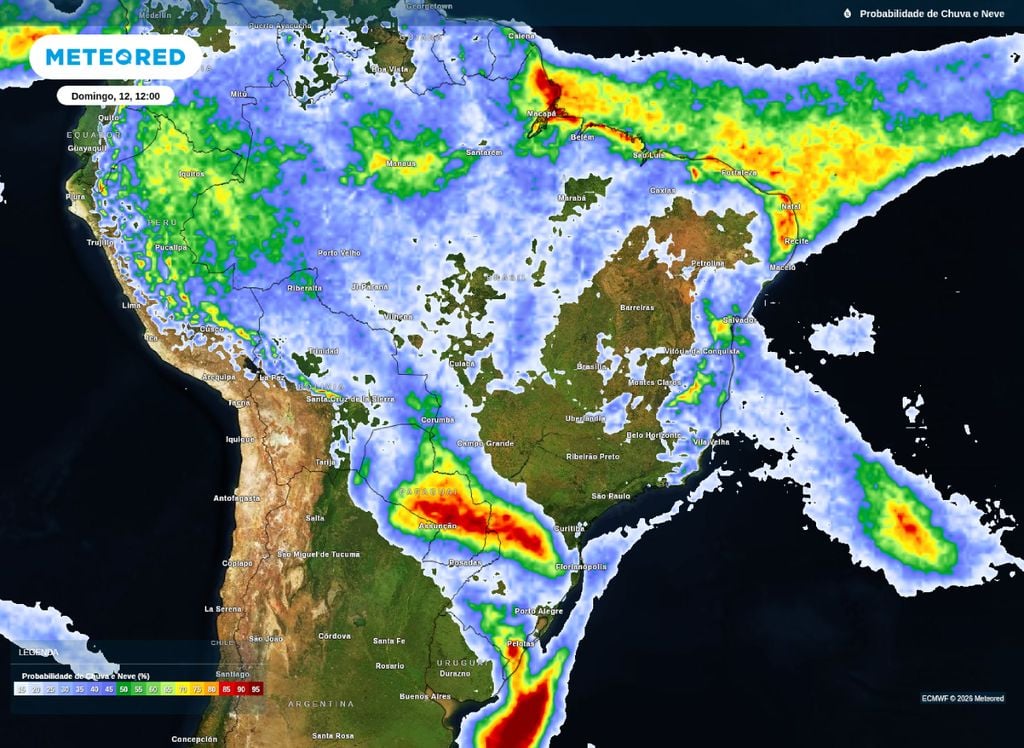 Probabilidade de chuva para o domingo (12) nos mostra a atuação da frente fria sobre o Sul do Brasil.