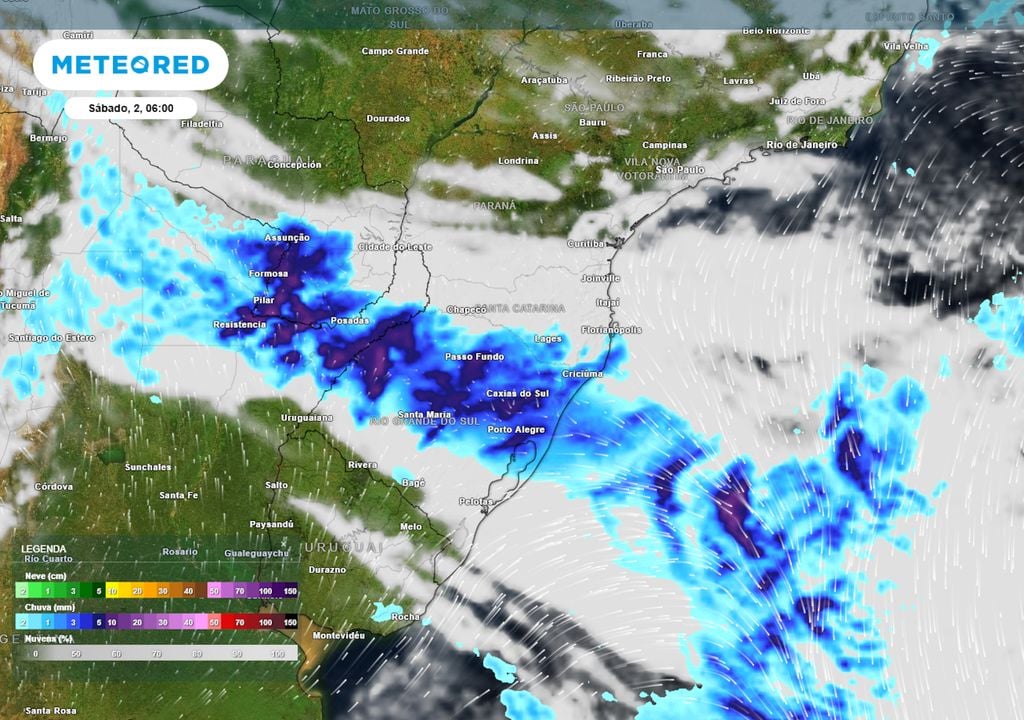 Previsão de ventos, nebulosidade e chuva no sábado de manhã mostra o avanço de uma frente fria pelo RS. Ao longo do próprio sábado, o sistema atinge também SC e o sul do PR.
