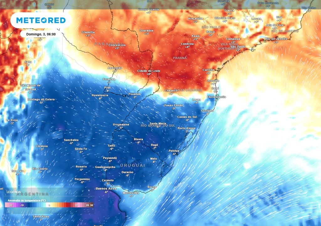 Previsão de anomalias de temperatura em superfície no domingo de manhã mostra uma massa de ar frio avançando pelo Rio Grande do Sul e parte de Santa Catarina, trazendo frio intenso.