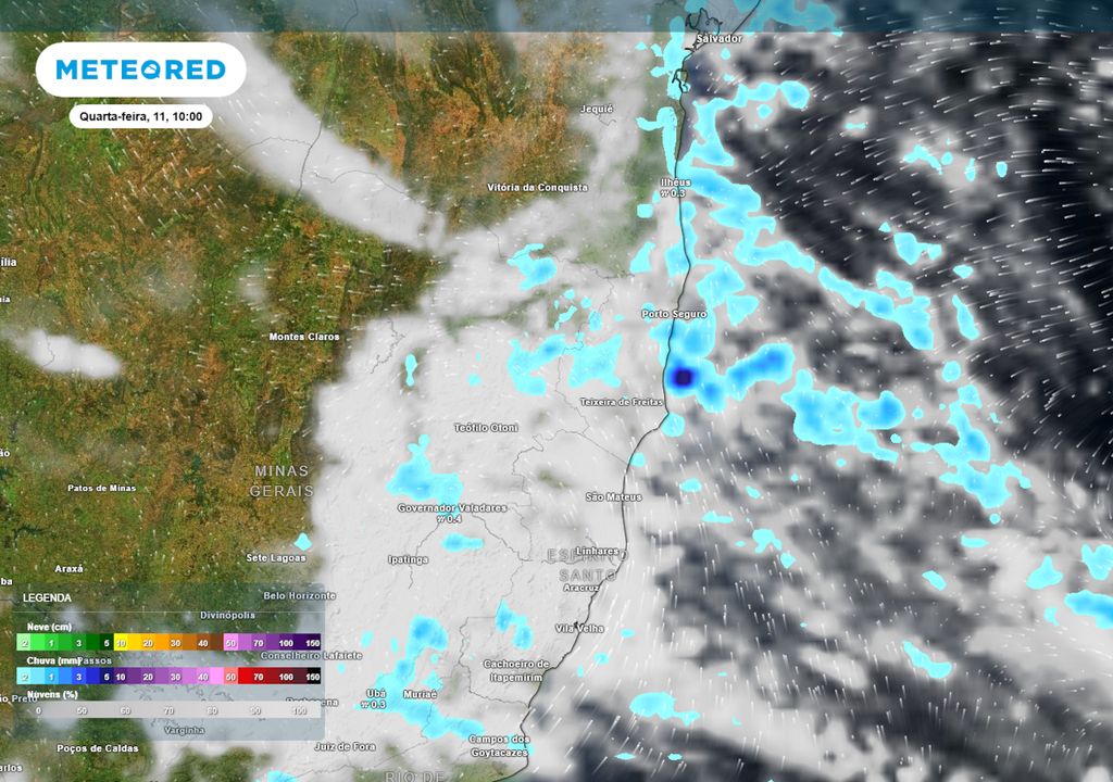 Previsão de nebulosidade, chuva e partículas de vento na quarta-feira.