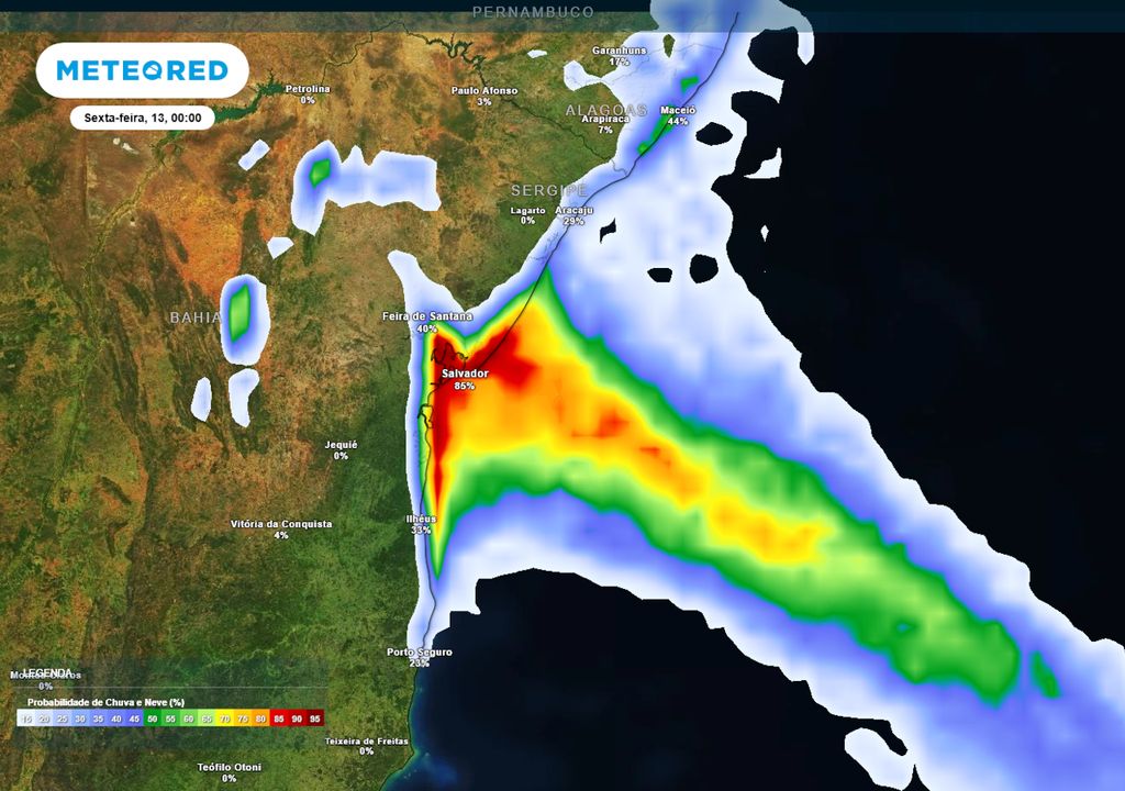 Previsão de probabilidade de chuva na sexta-feira de noite.
