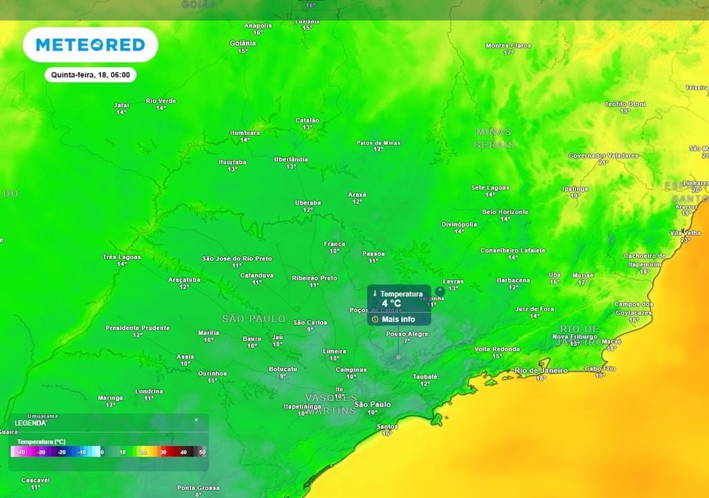 Previsão de temperaturas mínimas na quinta-feira entre a madrugada e a manhã. Previsão de temperaturas mínimas na quinta-feira entre a madrugada e a manhã mostra que há risco de formação de geada em boa parte do Sudeste, especialmente no Sul de Minas.