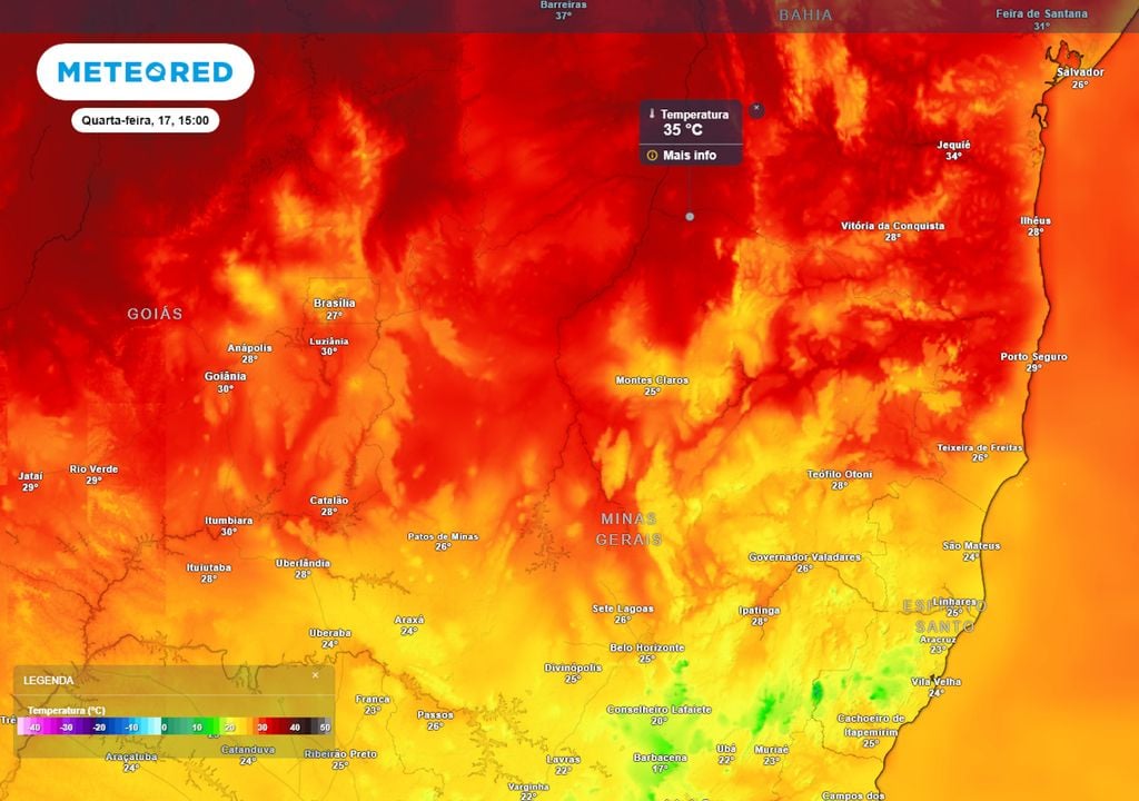 Previsão de temperaturas máximas na quarta-feira durante a tarde. Previsão de temperaturas máximas na quarta-feira durante a tarde mostra valores de até 35°C no Norte de Minas Gerais, região pouco afetada pelas chuvas e pelo frio nos próximos dias.
