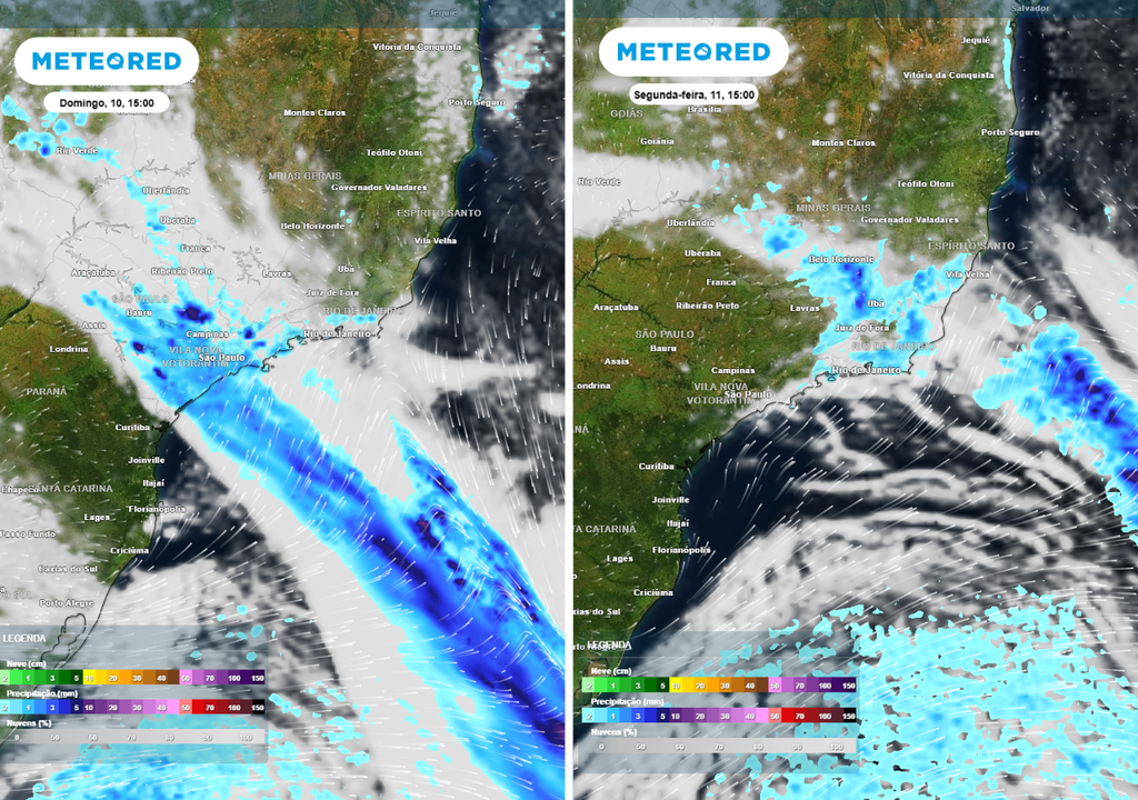 Previsão de precipitação (em mm) e nebulosidade para domingo (10) à tarde (15h) à esquerda e segunda-feira (11) à tarde (15h) à direita, segundo o modelo europeu ECMWF.