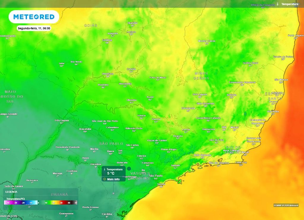 Previsão da temperatura mínima do ar (em °C) para a segunda-feira (11) de manhã (6h), segundo o modelo europeu ECMWF.