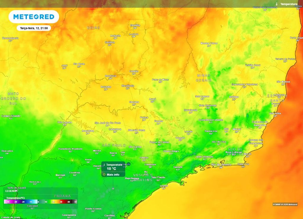 Previsão da temperatura do ar (em °C) para a noite (21h) de terça-feira (12), segundo o modelo europeu ECMWF.