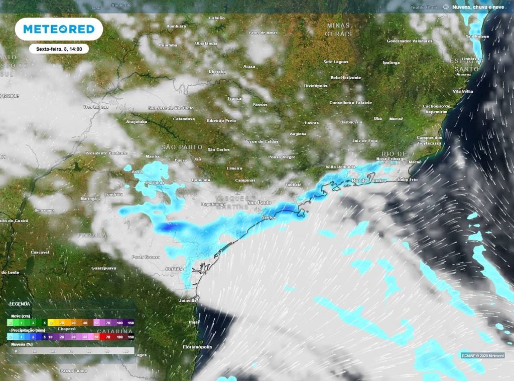 Previsão de precipitação (em mm) e nebulosidade (tons acinzentados/brancos) para sexta-feira (3) às 14h, segundo o modelo europeu ECMWF.