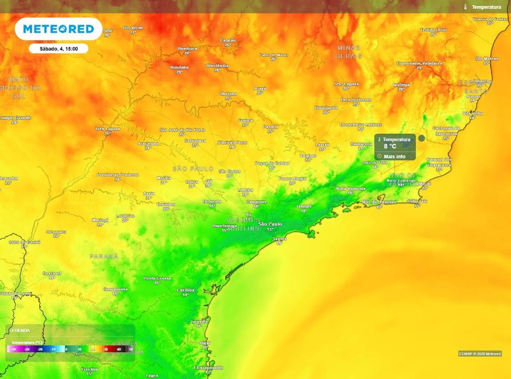Previsão de temperatura máxima do ar (em °C) para o sábado (4), segundo o modelo europeu ECMWF.